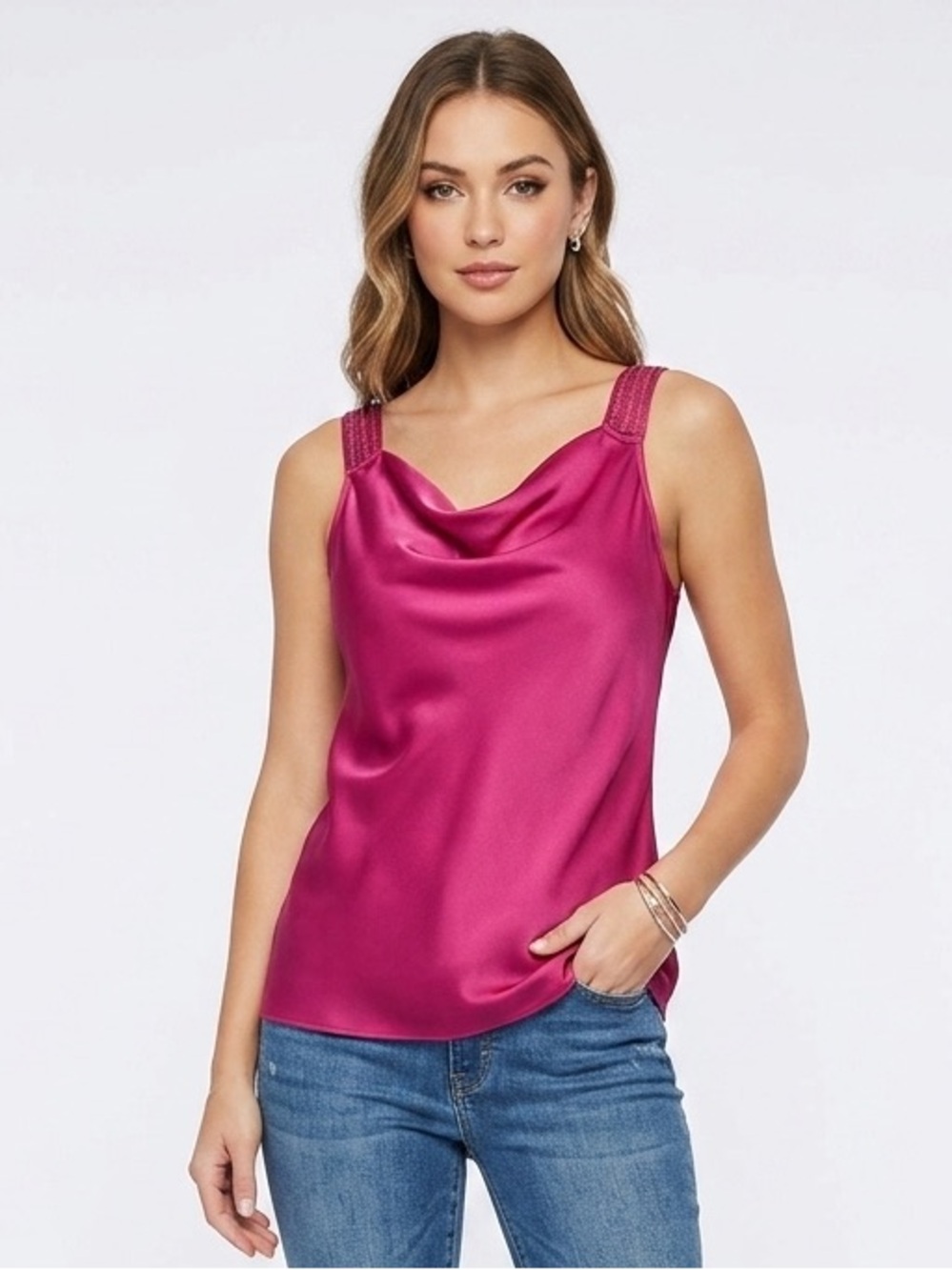 WHBM Fuchsia Pink Satin Drape Cowl Neck Shell Top XS $78 EUC